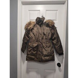 Madden‎ Girl Size LARGE 14 Army Green Anorak Winter Jacket Parka Hooded Faux Fur